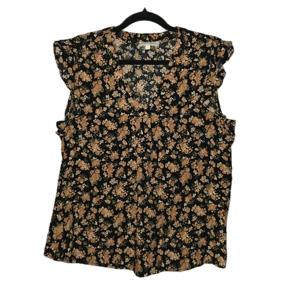 Cynthia Rowley Black Orange Floral Blouse Women's Large Top Flutter Sleeve